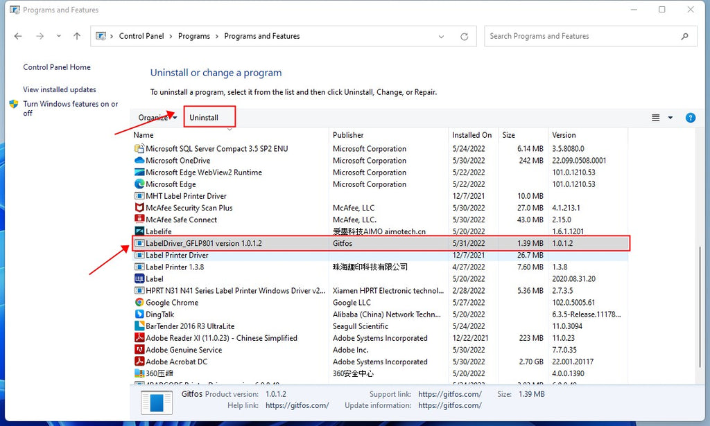 How do I uninstall GFLP801 driver on windows?