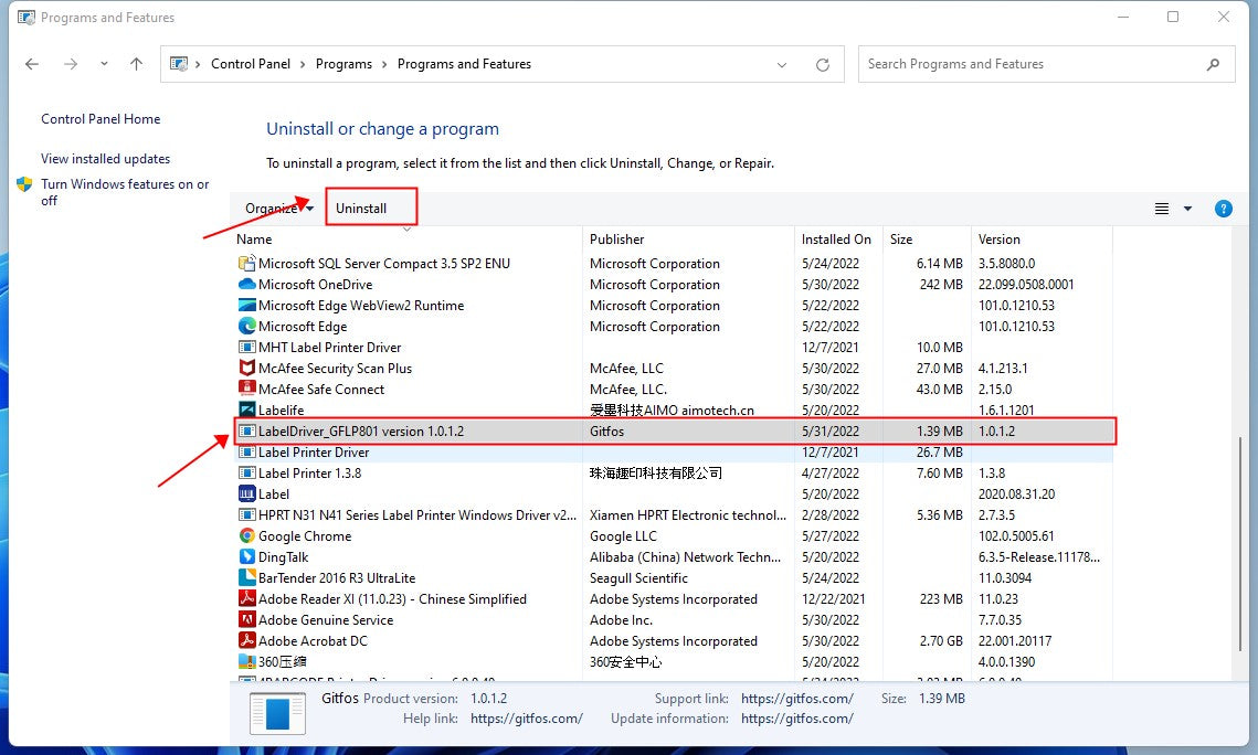 How do I uninstall GFLP801 driver on windows?