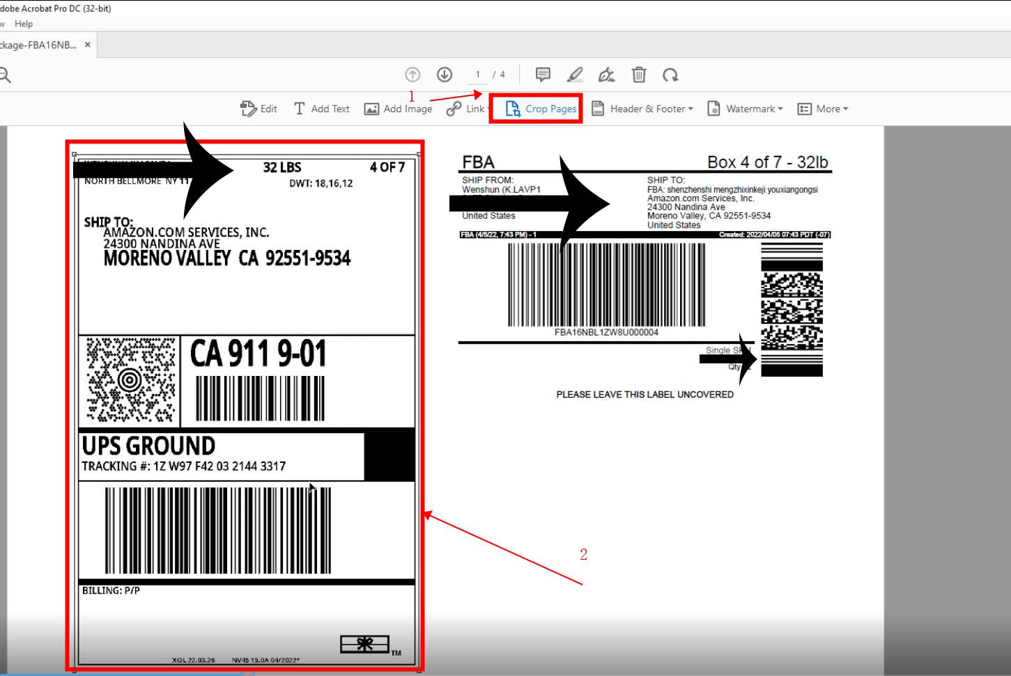 How to use the ‘Acrobat Reader DC’ to crop the shipping label to print?