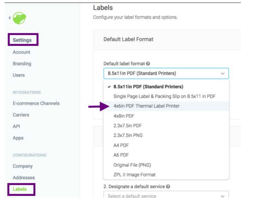 How do I set label size to print on "Shippo"?
